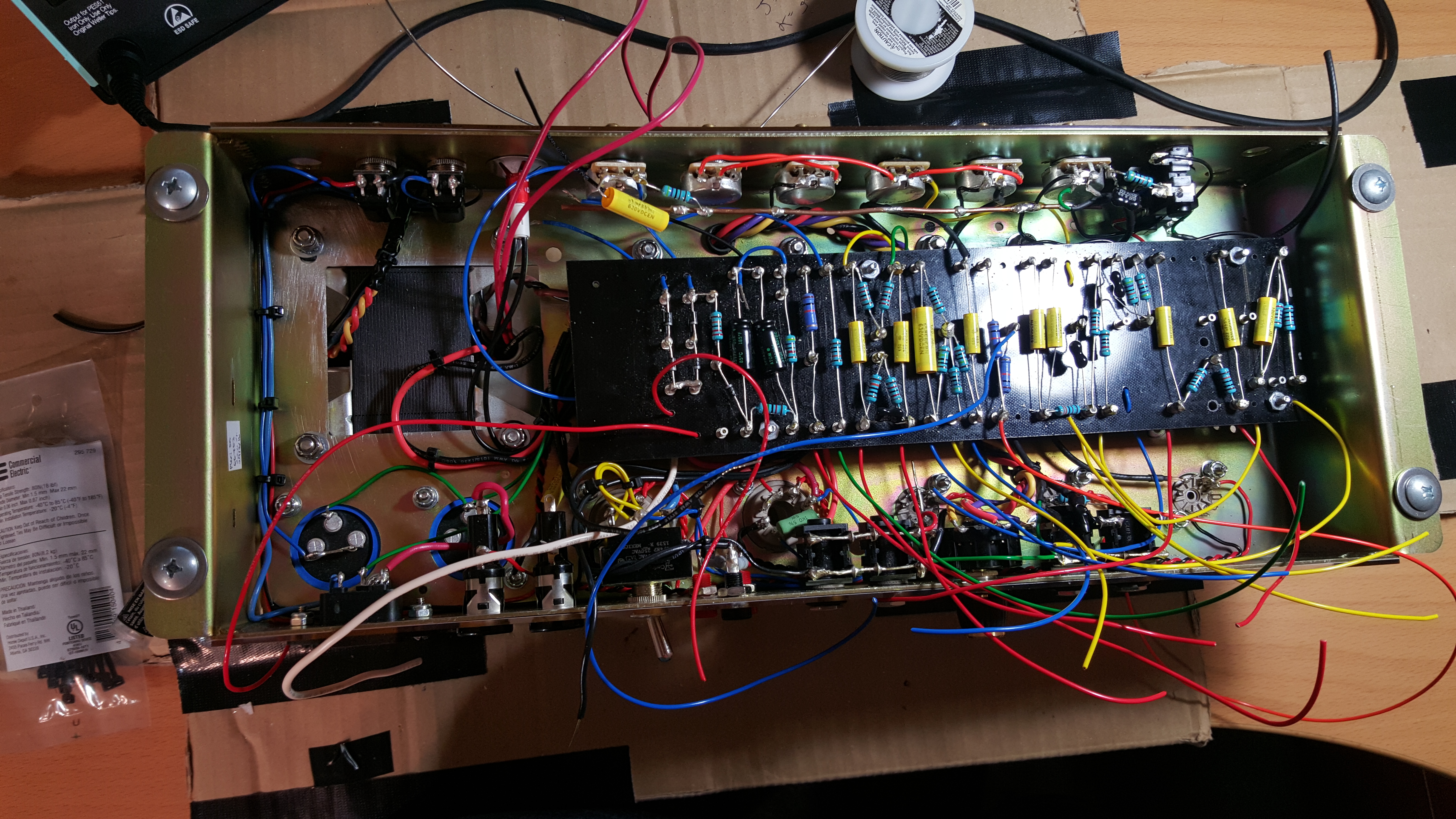 Hand-wired tube amp turret board with point-to-point colorful wiring